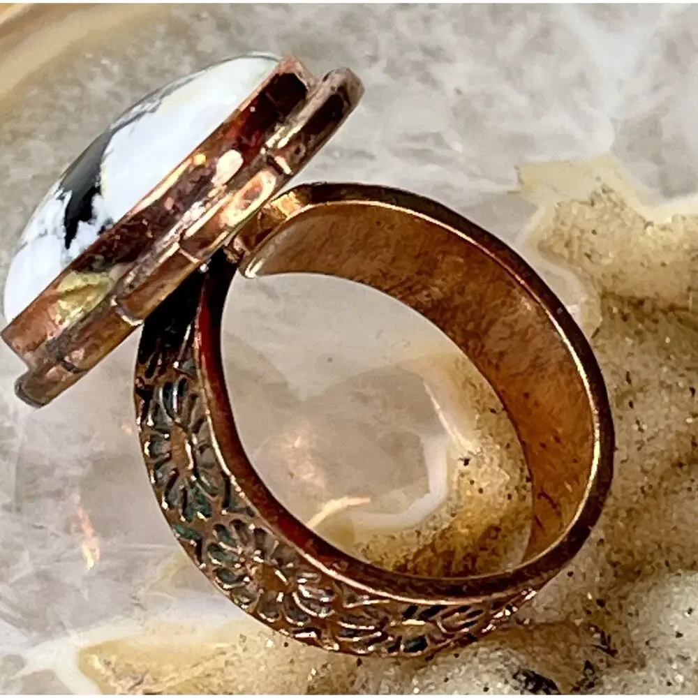 White Buffalo Turquoise Southwestern Copper Cigar Band Adjust Ring Hand Stamped